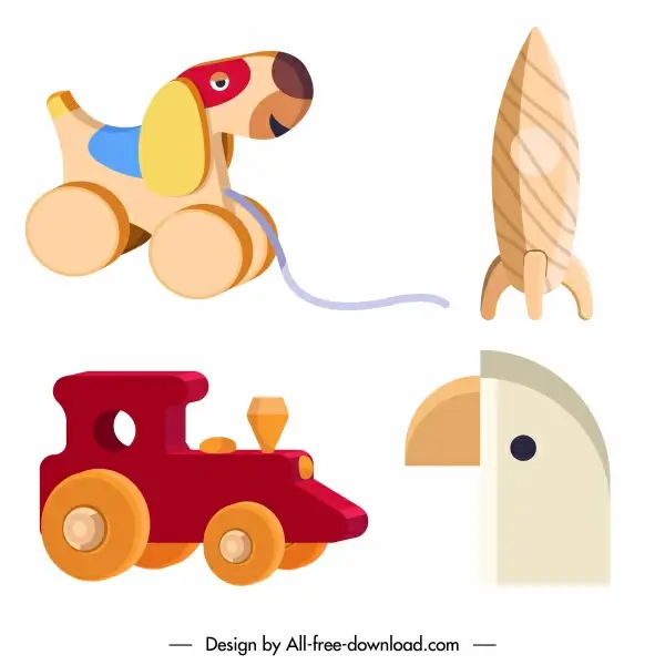 wooden toys icons shiny colored 3d sketch