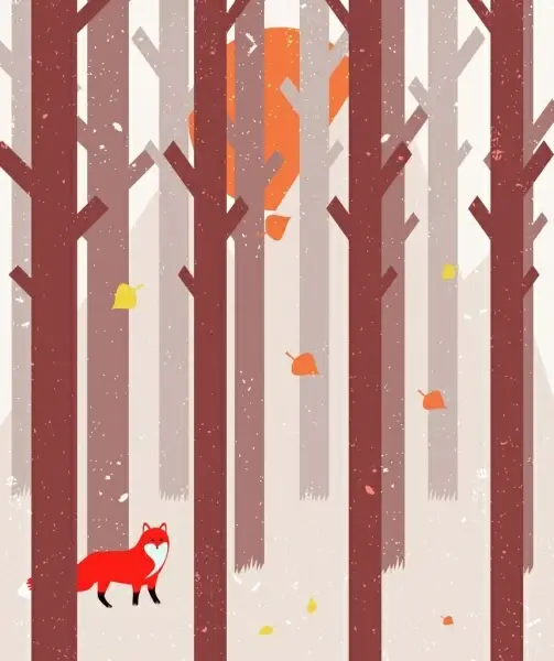 woodland drawing leafless trees fox icons cartoon design