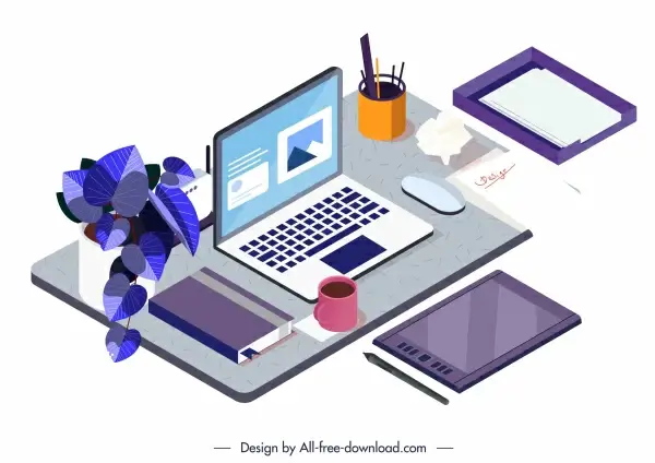 work desk template modern colorful 3d sketch