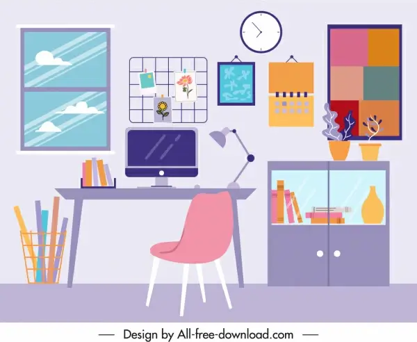 work space decor template colorful flat sketch