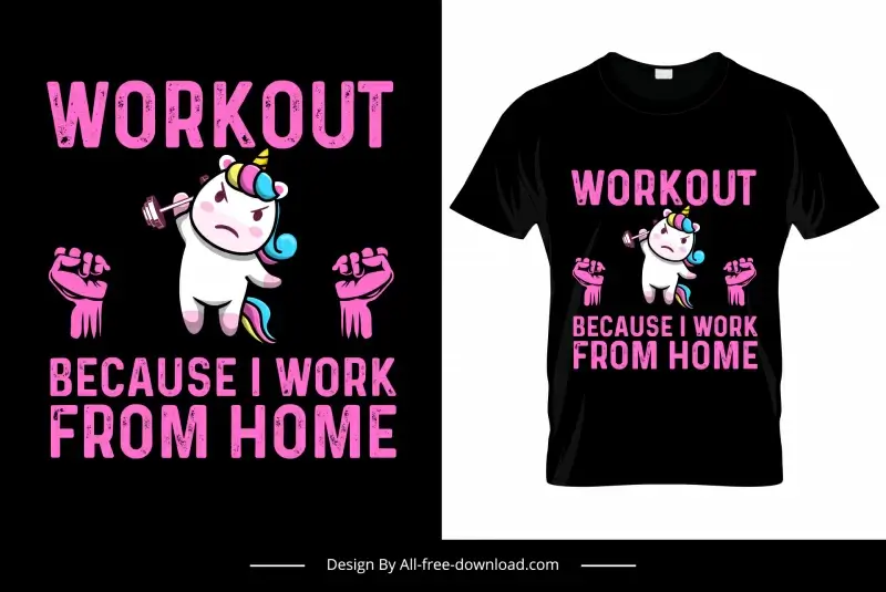workout because i work from home quotation tshirt template funny stylized unicorn exercising fists sketch
