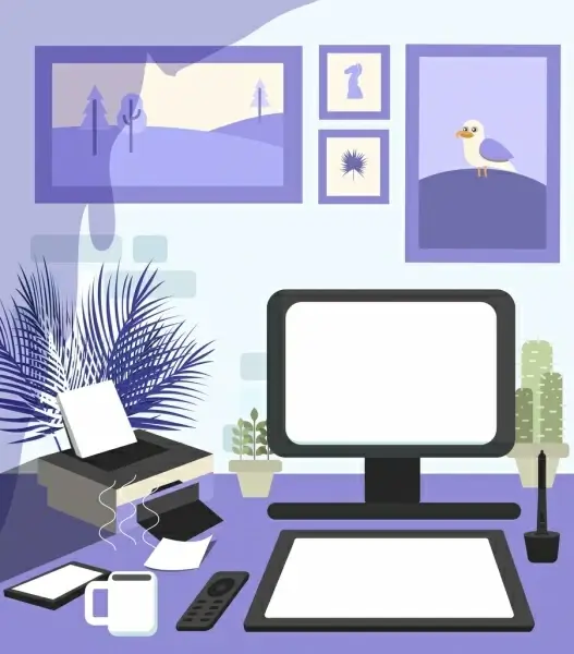 workplace background desk device icons violet decor