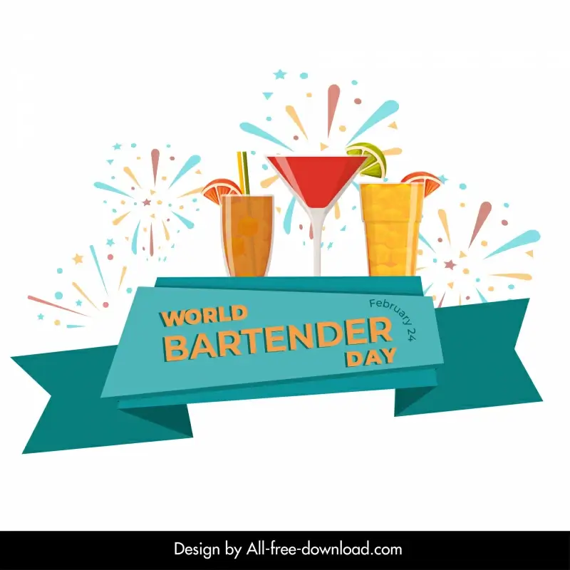 world bartender day poster template dynamic cocktail glass ribbon fireworks decor 