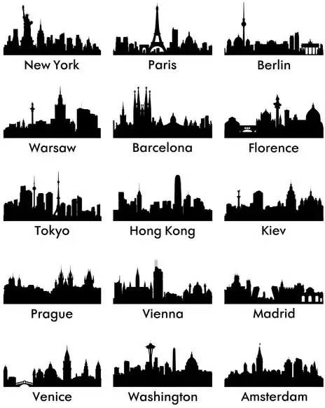 world famous cities silhouettes vector set