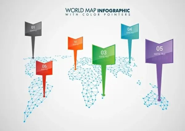 world map infographic template colorful pointers continental decoration