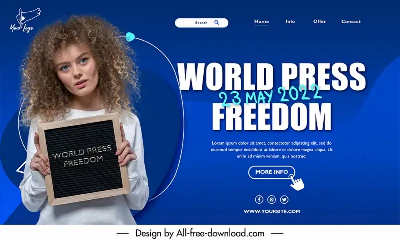 world press freedom day landing page template lady showing blackboard sketch modern realistic