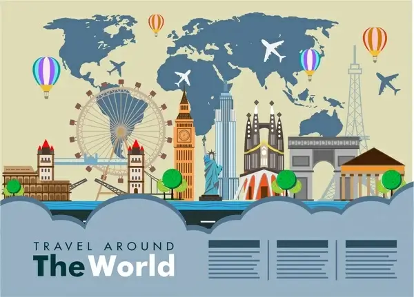 world travel banner famous places on map background