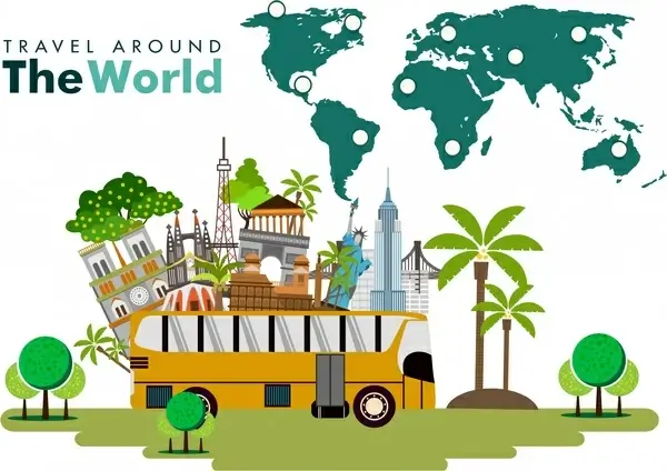 world travel banner sceneries symbols and map design