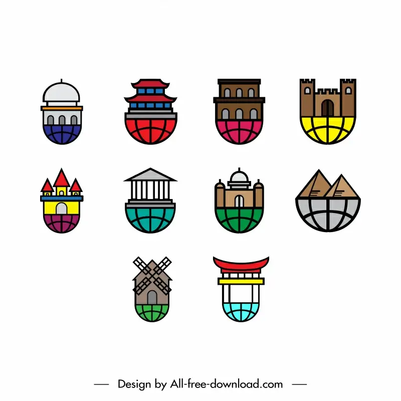 world travel icon sets flat architecture landmark symbols sketch
