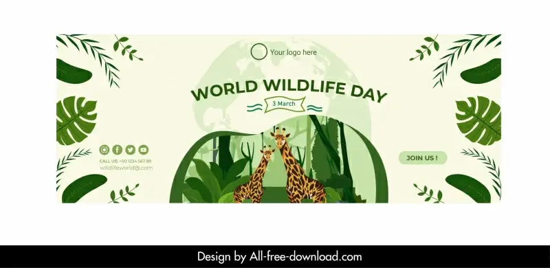 world wildlife day facebook cover template leaves giraffe jungle scene cartoon sketch