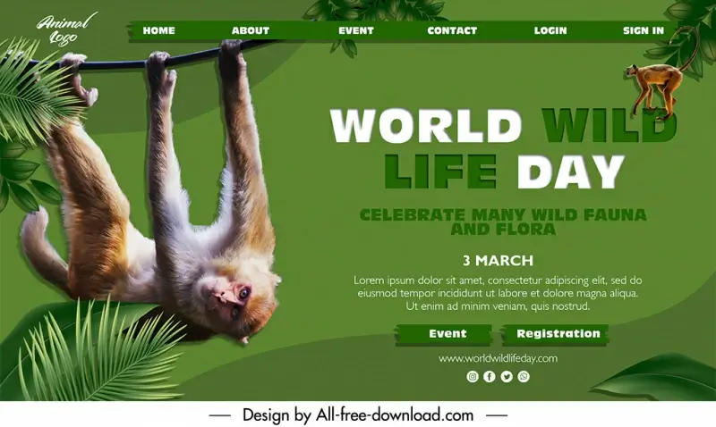world wildlife day landing page template monkey sketch modern realistic design 