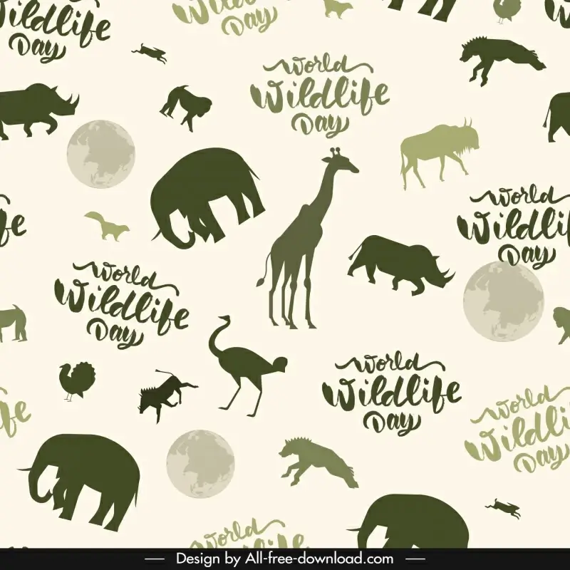 world wildlife day pattern template repeating species silhouette sketch