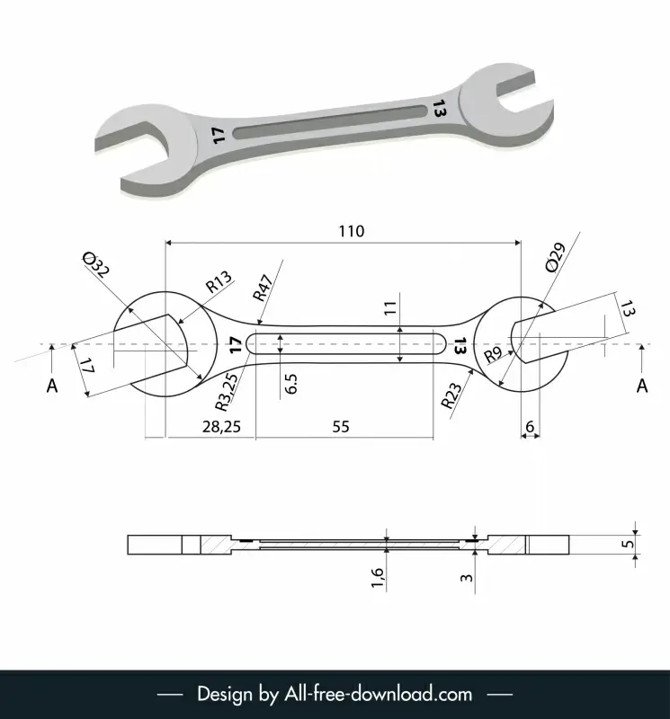 wrench auto cad template modern illustration sketch