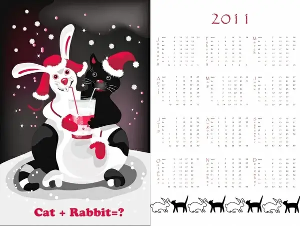 2011 calendar template cute rabbit cat icons decor