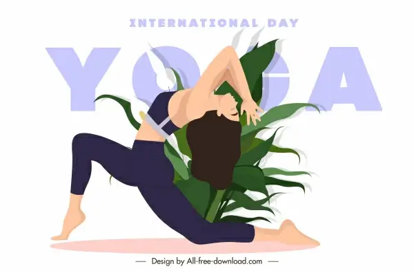 yoga banner template stretching lady leaves sketch