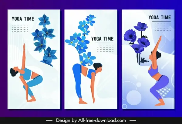yoga banner templates woman exercising gestures cartoon characters