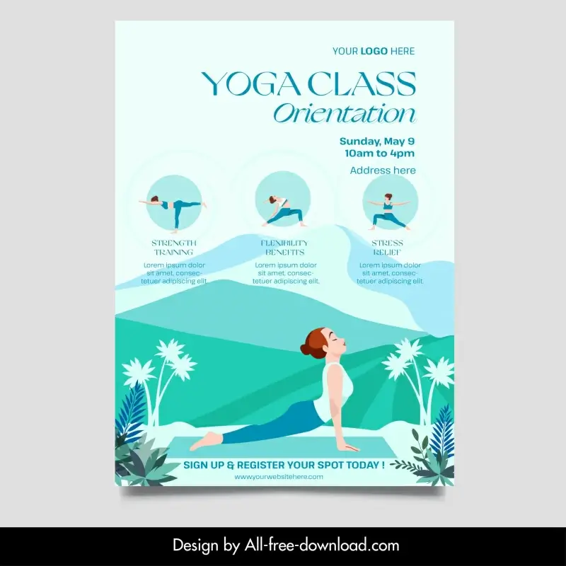 yoga class flyer template flat classical cartoon 