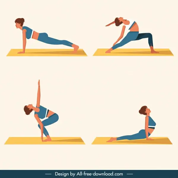 yoga gestures icons exercising woman sketch cartoon characters