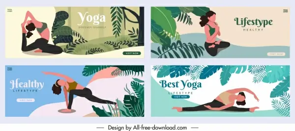 yoga posters templates exercising woman sketch natural scene