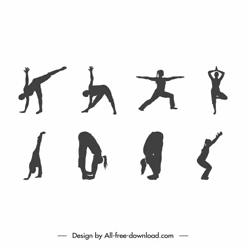 yoga practice icons collection black silhouette sketch
