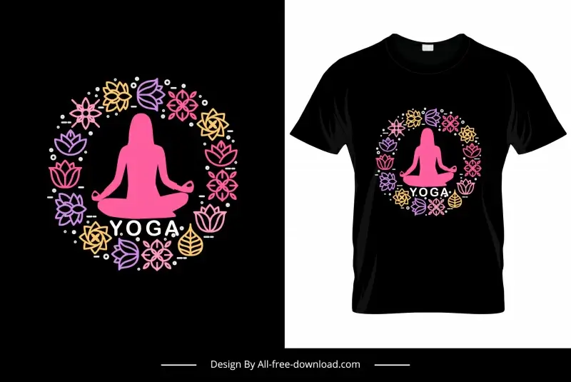 yoga tshirt template dark flat silhouette woman flowers isolation