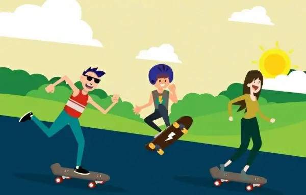 youth life drawing skateboard human icons colored cartoon