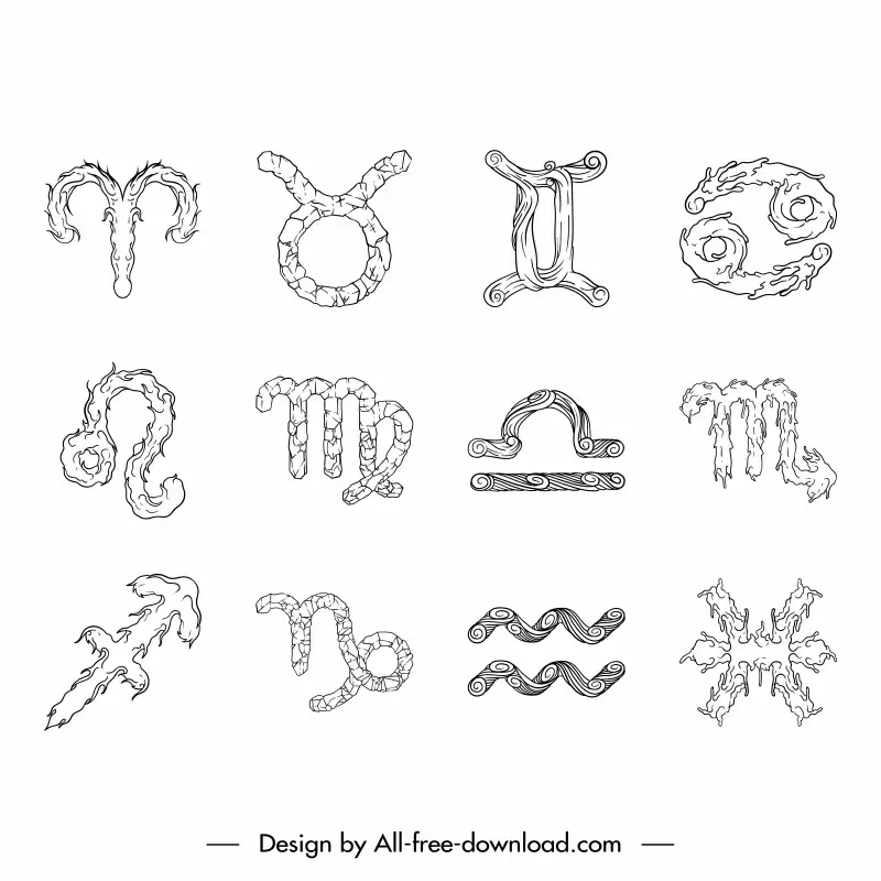 zodiac element icons sets flat classical handdrawn shapes outline 