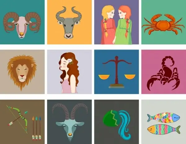 zodiac symbols collection multicolored squares isolation