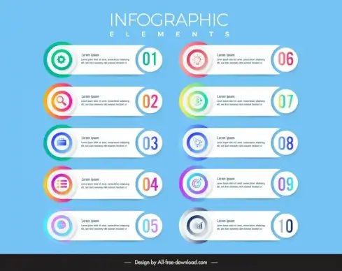 1 to 10 elements infographic template flat horizontal tabs layout