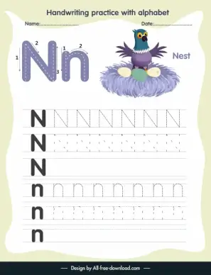 1st class education handwriting practice template alphabet letter tracing n bird nest sketch