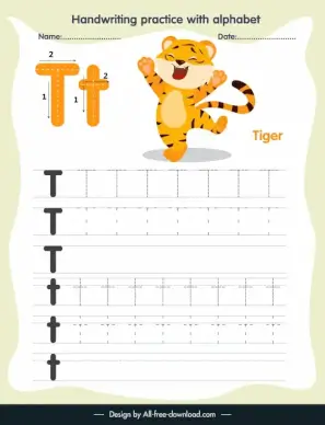 1st class education handwriting practice template alphabet letter tracing t cute tiger sketch
