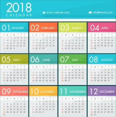 2018 calendar template bright colorful modern design