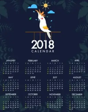 2018 calendar template parrot icon plants vignette decoration