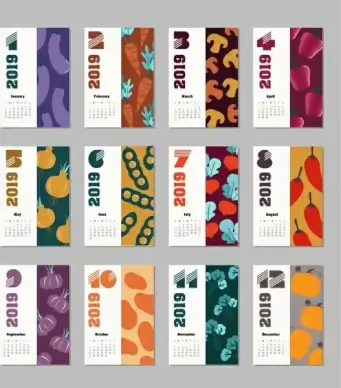 2019 calendar background sets vegetables theme multicolored decor