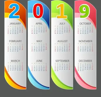 2019 calendar template multicolored modern vertical bars