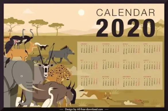 2020 calendar template africa animals theme colorful classic