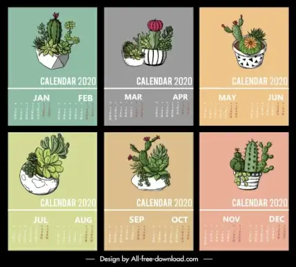 2020 calendar template cactus pots decor classic design
