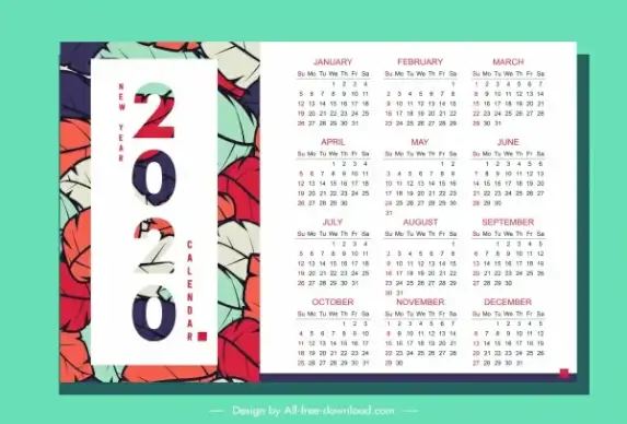 2020 calendar template colorful leaves decor vertical design