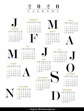 2020 calendar template modern bright black white decor
