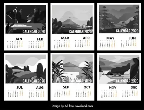 2020 calendar templates black white classic scenery decor