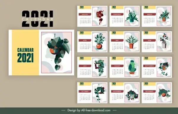 2021 calendar template decorated flower pots decor