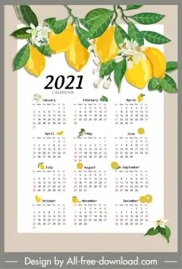 2021 calendar template lemon tree sketch colorful decor
