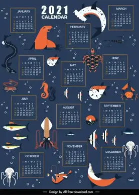 2021 calendar template marine creatures decor dark design