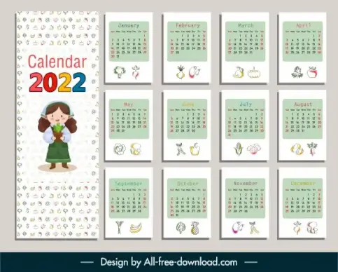 2022 calendar template bright colorful decor food elements