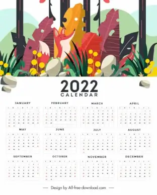 2022 calendar template bright decor nature scene sketch