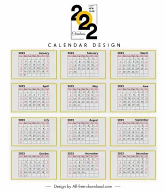 2022 calendar template bright flat classic layout