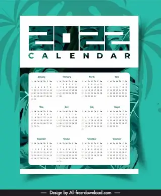 2022 calendar template classical green leaves decor