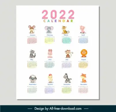 2022 calendar template cute animals sketch