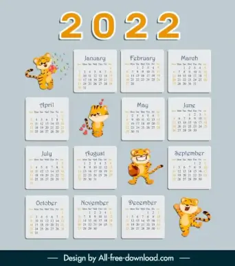 2022 calendar template cute baby tigers decor