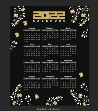 2022 calendar template dark design elegant flowers decor